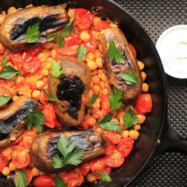 Stovetop Eggplant With Harissa, Chickpeas, and Cumin Yogurt